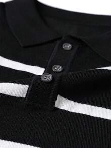 Men's Knitted Striped Short Sleeve Polo Shirt - Black - View 5