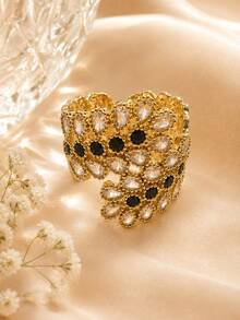 1pc French Style Light Feather Layered Zirconia Inlaid Open Ring For Women, Feather Streamline Wide Band Design, Elegant Ring For Party & Dress Matching - Open Ring - View 2