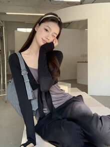 Kaos Lengan Panjang Wanita Baru Musim Semi, Abu-abu, Bahu Kotak, Desain Seksi, 2 in 1, Atasan Slim Fit - Warna gambar - View 4