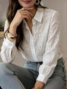 Women's Elegant White Embroidered Front Button Shirt, Long Regular Sleeve, Semi-Sheer Collar, Suitable For Autumn/Winter Wear - White - View 6