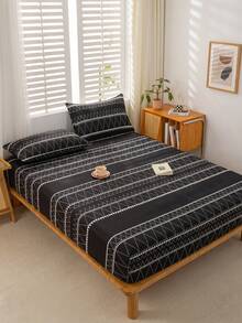 1 قطعة ملاءة سرير مطاطية بنمط مثلثات مخططة بوهيمي باللونين الأسود والأبيض بدون حشوة، ملاءة سرير مطاطية لغرفة النوم من الميكروفايبر الناعم قابلة للتنفس ومريحة، 1 قطعة ملاءة سرير مطاطية مقاس كينج وكوين وفول وتوين بتصميم جيب عميق حتى 11.8 بوصة - الأسود - مشاهدة 2