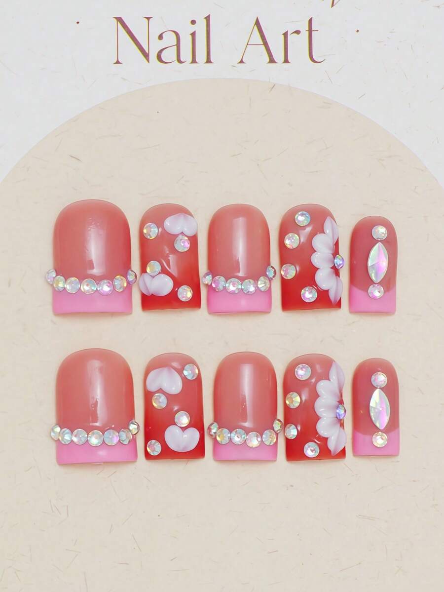 10 piezas de uñas postizas cuadradas hechas a mano, uñas acrílicas cortas rosa con degradado francés DIY, con tachuelas de strass florales 3D, uñas falsas DIY estilo Y2K de verano, pegatinas de uñas, adecuadas para fiesta, uso diario, citas, atuendos de vacaciones tropicales, regalo para mujeres y niñas, suministros de arte de uñas - Rosa - Ver 1