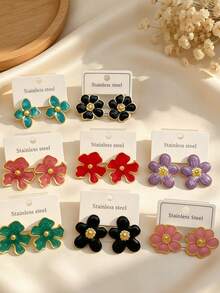 24/18/12pcs Classic Colorful Enamel Stainless Steel Earrings For Women, Exquisite And Elegant Earring Set. Summer Women's Earring Set. Stainless Steel Material, Floral Design. Elegant Everyday Wear Earrings, Ideal Valentine's Day Gift (Randomly Shipped) - Oil Dripping Kit - View 5