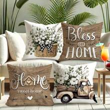 4PCS Country-Style Eucalyptus Throw Pillow Cover, Vintage Truck Buffalo Check Bowknot With 'Bless Our Home, Cozy Home' Letter Print Square Pillow Cover, Neutral Farmhouse-Style Sofa Home Decor, Single-Sided Without Pillow Insert - Brown - View 5