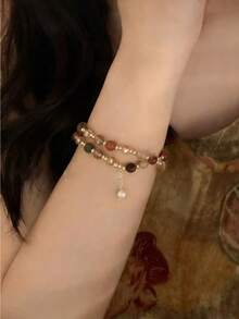 1 Piece Of Vintage Double-Layer Imitation Crystal Bead Bracelet, Suitable For Daily Wear (Random Pearl Color) - Style 1 - View 2