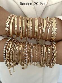 30/20/10/6pcs Vintage Geometric Pearl Crystal Braided Multi-Layer Stacking Metal Bracelet Set. Elegant Jewelry For Daily, Party & Holiday Gift - 金黃色 - 查看 11