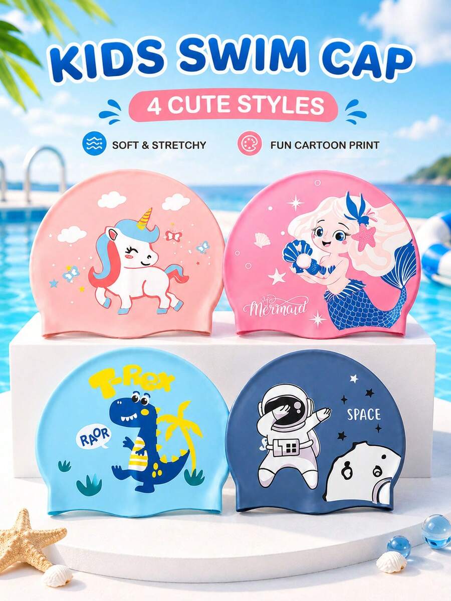 Children's Silicone Swim Cap, Unisex, Waterproof Cartoon Design, Suitable For Beach Vacation And Swimming Party, Back To School, First Day Of School - Multicolor - View 1