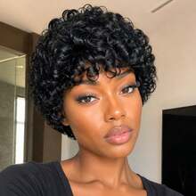 AMECIRE Pixie Cut Wig Black Curly Wig Short Hair Wig Human Hair Wigs Wigs For Women With Bangs Fluffy Shape Suitable For All People - Natural Black - View 9