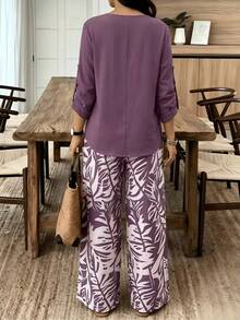 Women's 2 Piece Outfits, Long Sleeve Henley Top & Tropical Print Wide Leg Pants Set, Casual Loose Loungewear For Vacation, Beach, Daily Wear - 紫色 - 查看 2