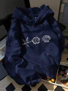 1pc Women's Coastal Style Starfish & Shell Print Drawstring Pullover Sweatshirt, Casual Y2K Comfortable Loose Fit Pullover Sweatshirt, Suitable For Autumn Beach Vacation & Daily Wear - Navy Blue - View 1