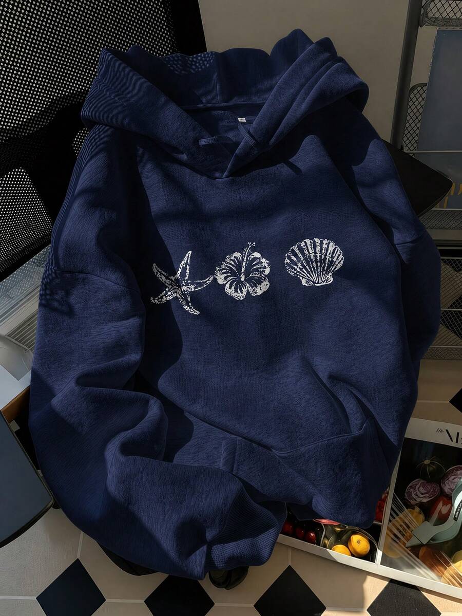 1pc Women's Coastal Style Starfish & Shell Print Drawstring Pullover Sweatshirt, Casual Y2K Comfortable Loose Fit Pullover Sweatshirt, Suitable For Autumn Beach Vacation & Daily Wear - Navy Blue - View 1