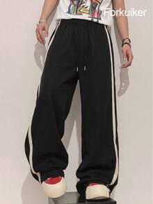 Men's Black Wide Leg Sweatpants With Contrast White Side Stripes, Elastic Drawstring Waist, Loose Casual Streetwear Style - Black - View 1