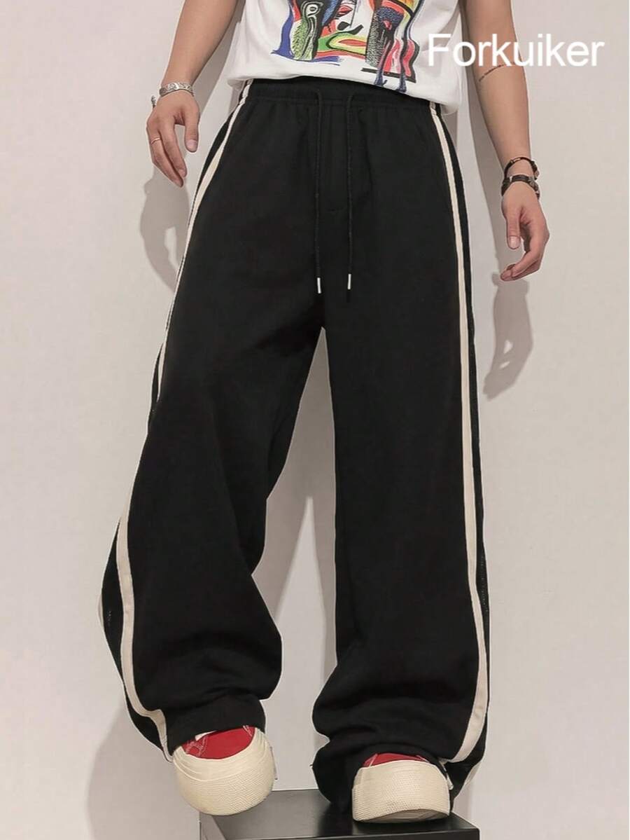 Men's Black Wide Leg Sweatpants With Contrast White Side Stripes, Elastic Drawstring Waist, Loose Casual Streetwear Style - Black - View 1