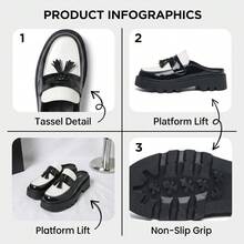 ZCZ Men's Black & White Colorblock Glossy Tassel Thick Sole Mule Loafers, British Style Backless Half-Slip-On Platform Loafers - Black - View 7