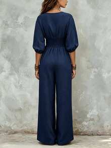 2026 New Cream White Puff Sleeve Drawstring Waist Jumpsuit, Lazy Drape Vacation Style Outfit, Cream Color Tie Waist Jumpsuit, Daily Commute Elegant Set, Cream White Pleated Design Jumpsuit, Casual Outing Street Style Set, Wide Leg Jumpsuit, Tie Waist Jumpsuit, Puff Sleeve Jumpsuit, V-Neck Front Button Layered Pleated Design, Loose Casual Fit, Minimalist Unique Style, Vacation Style, Gentle Girl Feeling, Quiet Luxury Style, Bohemian Elegant Style, Plus Size Friendly, Suitable For Tall People - Navy Blue - View 6