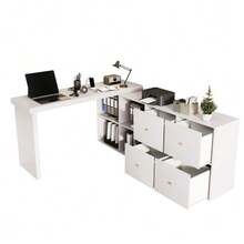 Corner Table, Tabletop Swivels 360° - Can Be Set Up In An L-Shape Or Straight Configuration, MDF, Tabletop And Legs Reinforced By 4 Cm, With 4 Compartments, 4 Drawers, Flexible Setup, Desk, Computer Desk - 白色 - 查看 1