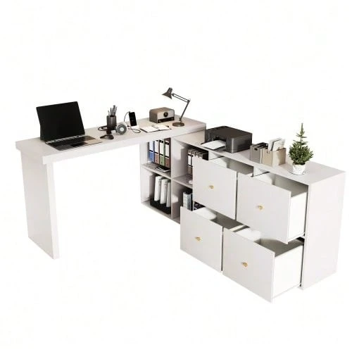 Corner Table, Tabletop Swivels 360° - Can Be Set Up In An L-Shape Or Straight Configuration, MDF, Tabletop And Legs Reinforced By 4 Cm, With 4 Compartments, 4 Drawers, Flexible Setup, Desk, Computer Desk - 白色 - 查看 1