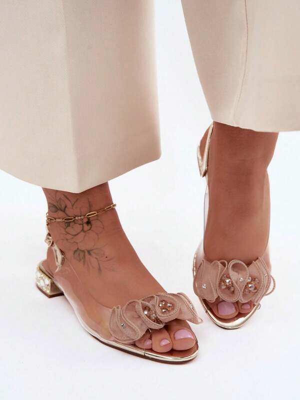 Women's Transparent Flat Heel Sandals With Crystals And Mesh D&A MR61-9002 For Celebrations Black Pink Silver Gold
