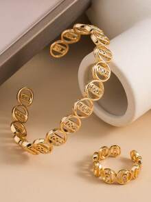 1 Set Exquisite Geometric Zirconia Open Bangle & Ring Set, Suitable For Women's Daily Wear, Holiday Gift - Yellow Gold - View 4