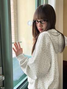 Women's Ditsy Floral Hooded Sweatshirt, Slimming Casual Top, Thin Autumn Tops - Grey - View 5