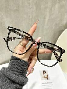 1 Pair Women's And Men's College Style Leopard Print Square Large Frame Fashionable Unique Clear Lens Glasses, Create Fashionable Retro Style Look, Transparent Glasses Accessory, High Definition Glasses Accessory, Suitable For Women, Perfect For Daily Wear, School Or Office Accessory - White Flower Flat - View 1
