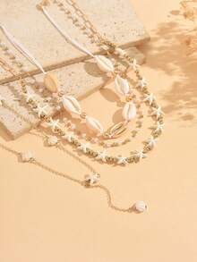 4pcs/Set Vacation Style Multi-Layer Stackable Y-Shaped Necklace Set, Fashionable Starfish Beaded Necklaces, Classic Versatile Women's Neck Jewelry, Suitable For Daily Wear, Vacation, Party And Music Festival, Chain Length Cut By Sections With Variable Number Of Segments - Multicolor - View 3