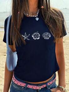 Summer New Fashionable Versatile Casual Shell & Starfish Beach Print Round Neck Short Sleeve T-Shirt For Women Vacation - Navy Blue - View 1