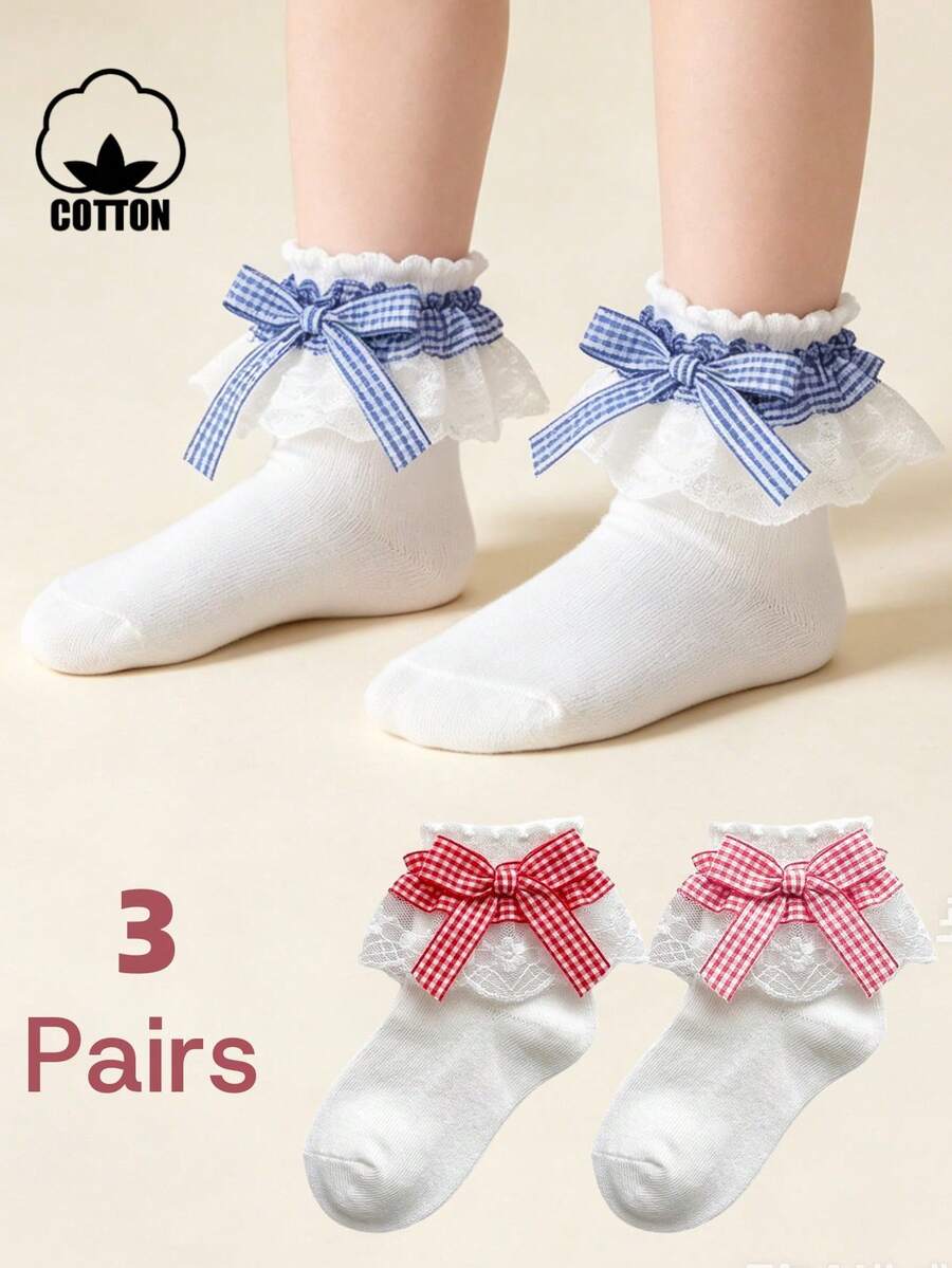 3雙兒童棉製多色漸層蕾絲飾邊春夏優雅公主風大荷葉邊舞蹈蕾絲短襪 - 彩色 - 查看 1