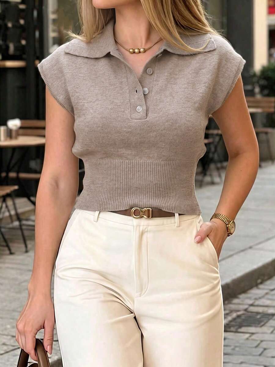 Women's Casual Spring/Autumn Solid Color Single-Breasted Sleeveless Knit Top Sweater, Suitable For Daily/Work/Office - Camel - View 1
