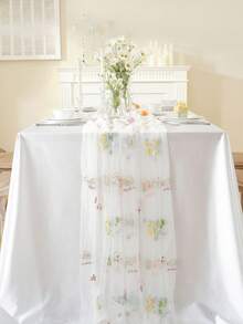 3 Pes White Foral Table Runner Of Embroidery Tule Spring Widflower Table Runner Sesonal Summer Buterfly Kichen Dining Gauze Decoration For Baly Shower Weding Party Birthday - Floral Table Runner - View 3