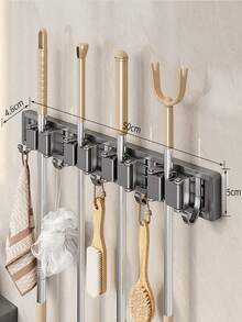 1pc 4-Clip 5-Hook Aluminum Wall-Mounted Bathroom Mop Holder, Broom Rack, Storage Rack, No-Drill Mop Holder, Suitable For Bathroom And Balcony - Multicolor - View 17