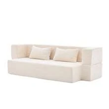 2-In-1 Convertible Sofa Bed In Corduroy, Modular Floor Sofa, No Assembly Required, Unfolding Sofa Bed With 2 Cushions - 米色 - 查看 11