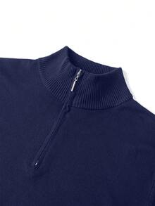 Men's Zipper Vertical Ribbed Knit Sweater, Stand Collar Long Sleeve, Suitable For Office And Daily Wear, Fashion Casual - Navy Blue - View 8