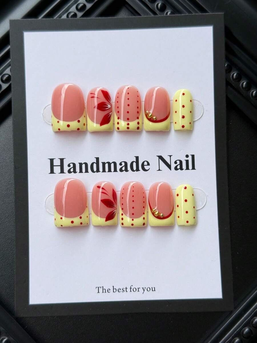 10pcs Short Square Handmade Press-On Nails, Yellow French Tip With Polka Dot Design, High-Quality Acrylic Press-On Nails, Suitable For Daily Wear, Reusable - Multicolor - View 1