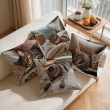 4pcs Brown Cat Pattern Pillow Covers Without Inserts, Single-Sided Printed Pillow Covers, Suitable For Living Room Bedroom Home Decor, All-Season Pillow Covers - Multicolor - View 8