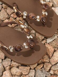 Evertop Surf Handmade Luxury Stone Texture Resin Crystal Glass Rhinestone Decor Women's Thong Sandals, Elegant Fashion Bohemian Style Soft Sole Beach Slippers, Detachable Decor Chain, New Summer Design (Glass Rhinestone) - Coffee Brown - View 7