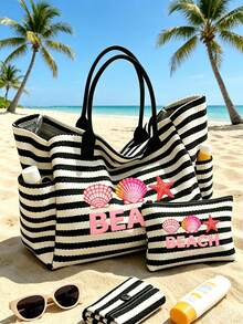 1/2件組條紋托特包與化妝包套裝，印花「Beach」圖案，適合度假、旅行、通勤、購物，送給家人與朋友的禮物 - 彩色 - 查看 2