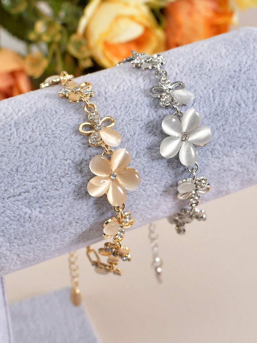 1 pieza Pulsera de moda con flores y cristales, accesorio de mano con flores dulces y frescas, joyería ajustable - Multicolor - Ver 1