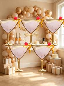 3 piezas Globos de papel de aluminio con forma de copa de martini rosa, globos de material Mylar con tallo alto elegante y lazo, adecuados para decoraciones de fiesta de cumpleaños de mujer, aniversario de boda y despedida de soltera - Ver 1