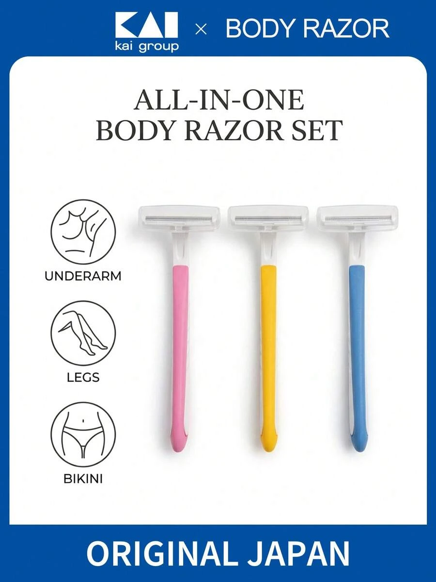 KAI 3pcs Women's Razor Set With Safety Cover, Stainless Steel Blade For Legs & Underarm, Summer Beach Essentials, At Home Hair Removal Shaving Kit, Painless Shave For Smooth Skin, Vacation Must Have, Cheap Stuff, Stocking Stuffers, Gifts For Her - View 1