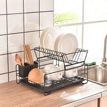 Double-Layer Dish Rack, Kitchen Countertop Dish Organizer, With Drip Tray And Chopstick Holder, Large Capacity, A Must-Have For Home Kitchen Organization, Black Rust-Proof Version. - 43.5x33x26.5cm - View 1