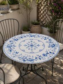1pc Chinese Style Blue Floral Round Elastic Tablecloth, Minimalist Elegant Polyester Fitted Table Cover With Blue And White Porcelain Peony Print, Suitable For Dining Room, Kitchen, Patio, Autumn Decor, Wedding Decor, Room Decor And Home Decor - Multicolor - View 9