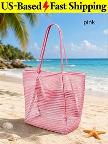 Large Mesh Beach Bag For Women Sandproof Tote Shoulder Handbag Travel Bag Makeup Bag Toiletry Bag Summer Pink Purse For Pool Travel Picnic Vacation - 彩色 - 查看 2