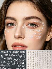1pc White Cursive English Butterfly Soft Glow Pearl Double-Sided Face Sticker, Vintage Cursive Healing English Paired With Delicate Hollow Butterfly, Accompanied By One Sheet Of Multi-Size Soft Glow White Pearls, Korean Sexy Cool Atmosphere. Low-Irritation Skin-Friendly Adhesive Backing, No Cutting Required, Ultra-Thin Transparent White Base Invisible Fit, Waterproof And Sweat-Resistant, No Curling Edges, No Residue After Removal, For Skin. - Multicolor - View 1