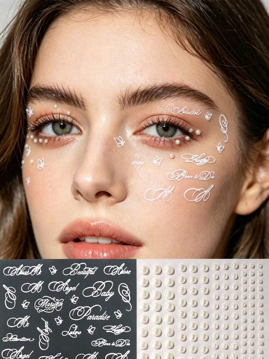 1pc White Cursive English Butterfly Soft Glow Pearl Double-Sided Face Sticker, Vintage Cursive Healing English Paired With Delicate Hollow Butterfly, Accompanied By One Sheet Of Multi-Size Soft Glow White Pearls, Korean Sexy Cool Atmosphere. Low-Irritation Skin-Friendly Adhesive Backing, No Cutting Required, Ultra-Thin Transparent White Base Invisible Fit, Waterproof And Sweat-Resistant, No Curling Edges, No Residue After Removal, For Skin. - Multicolor - View 1