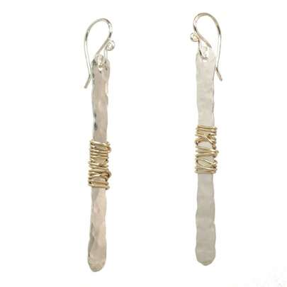 Women's Vintage Distressed Hammered Long Bar Hanging Earrings, Dual-Tone Twisted Design, Daily Commute Accessory