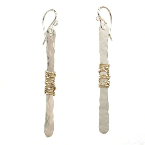 Women's Vintage Distressed Hammered Long Bar Hanging Earrings, Dual-Tone Twisted Design, Daily Commute Accessory