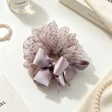 1PC Women's Double Layer Mesh Floral Scrunchie, Satin Bow Patchwork Design, Suitable For Thick Long Hair, Gentle French Coquette Sweet Style, Can Be Used For Daily Hair Styling, Commuting, Dating Afternoon Tea, Outdoor Travel Photography, Creating A Fairy-Like Atmosphere Hair Accessory - Multicolor - View 4