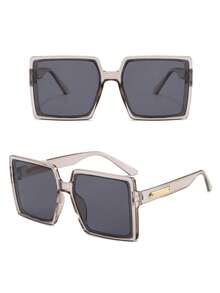 1 Pair Women's And Men's Square Gray Oversized Premium Minimalist Versatile Sunglasses, Suitable For Tropical Beach Vacation, Women's Beach Accessory, All-Match Style, Can Be Paired With Sweaters, Jeans, Sweatpants, Hoodies, Jackets, Dresses And Long Sleeve Shirts - Grey - View 2
