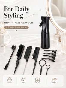Hair Styling Tool Set (Includes Spray Bottle, Rat Tail Comb, Hairline Comb And Sectioning Clips) Lightweight Accessory Set, Suitable For Daily Updo, Bun, Sectioning And Smoothing Hairstyles - Black - View 7